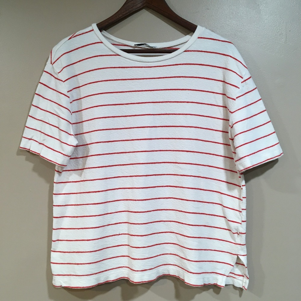 Zara Trafaluc Striped Cotton Terry T-Shirt Womens S White Red Nautical Preppy